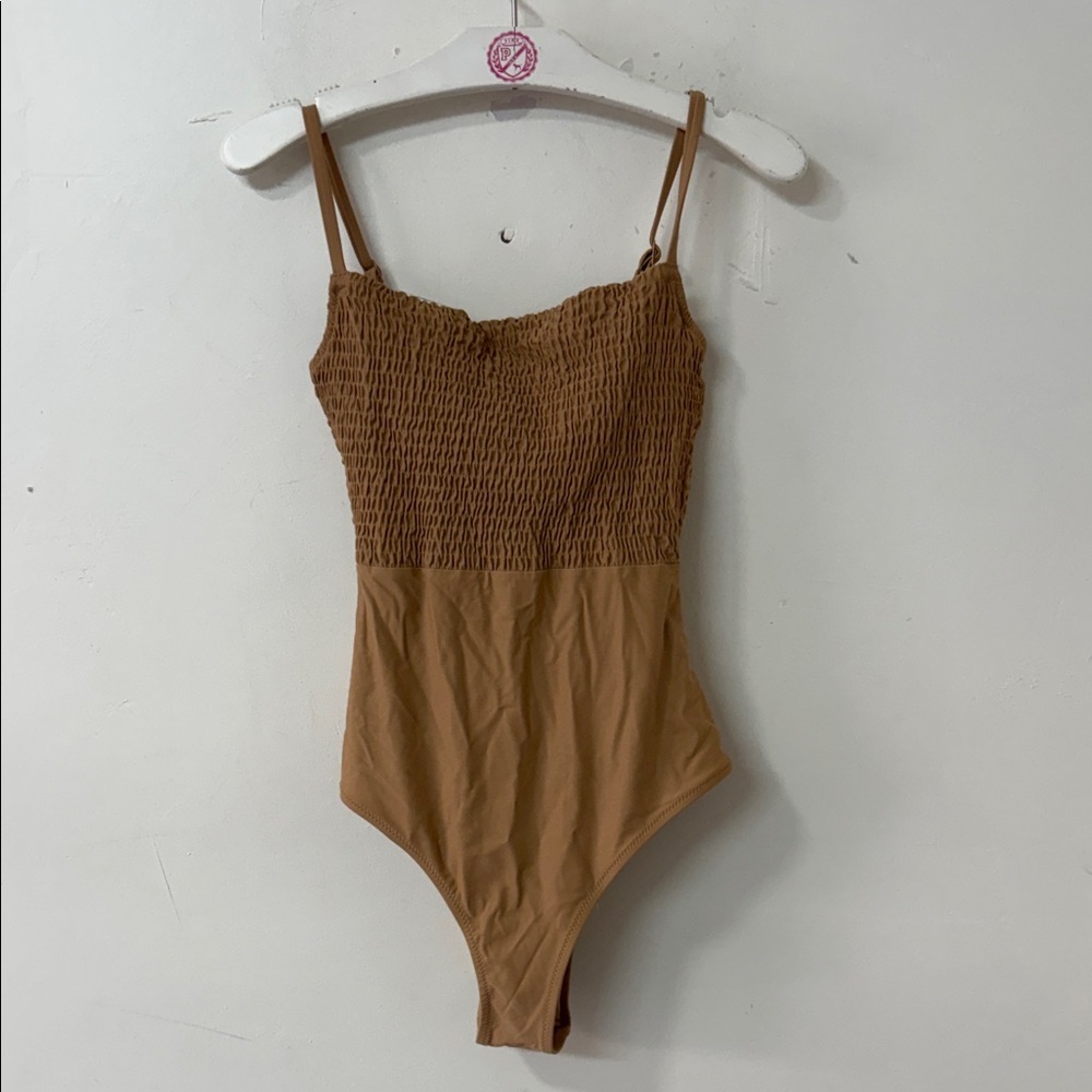 aerie Smocked One-Piece Swimsuit in Camel